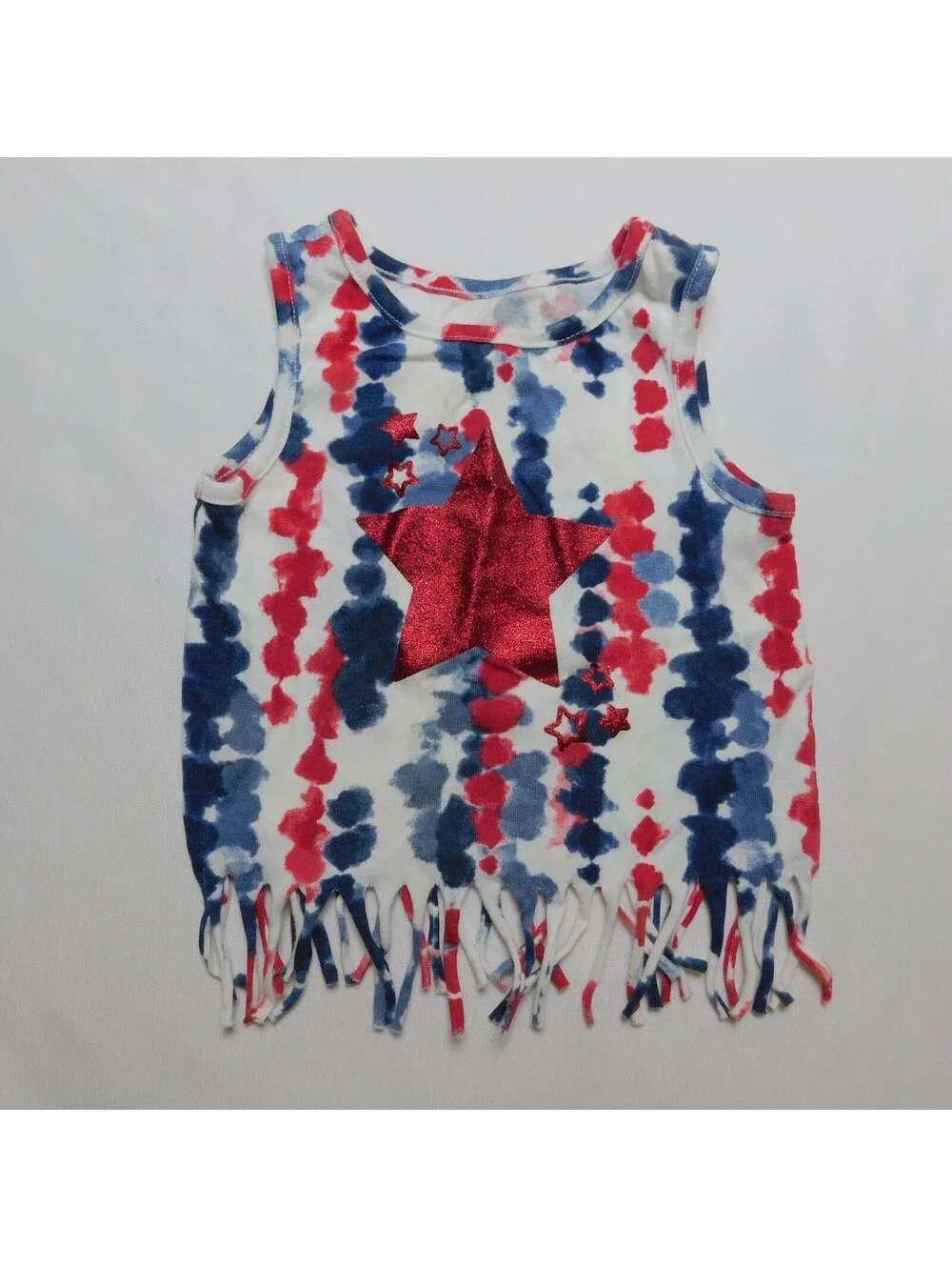 Way To Celebrate Patriotic Girls Tank Top Size 18M Red White Blue Tie Dye Fringe